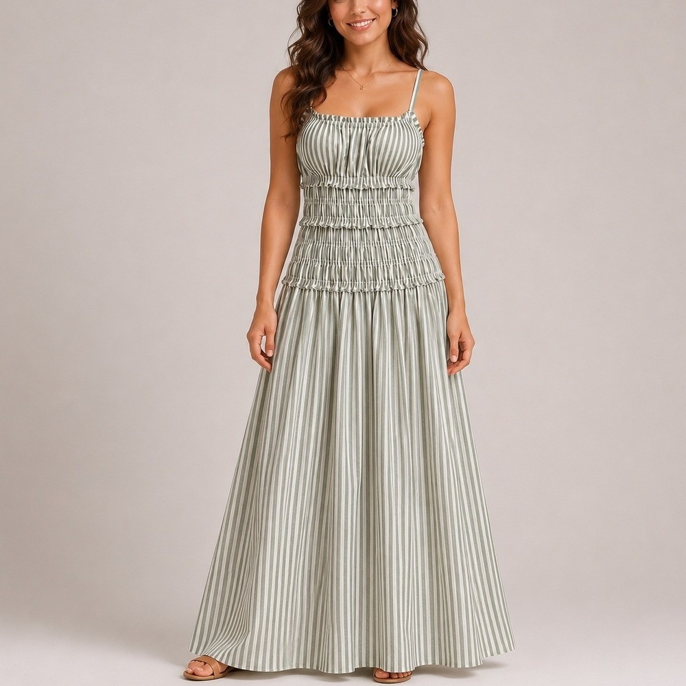 Abercrombie & Fitch Maxi Dress SP Green Striped Smocked Bra-Free Cottagecore